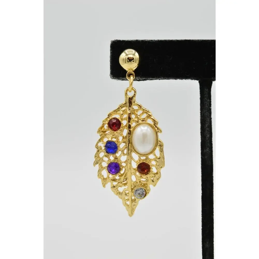 Vintage Crystal Leaf Earrings Dangle Gold Faux Pearl Multi-Color NOS 1980s W6